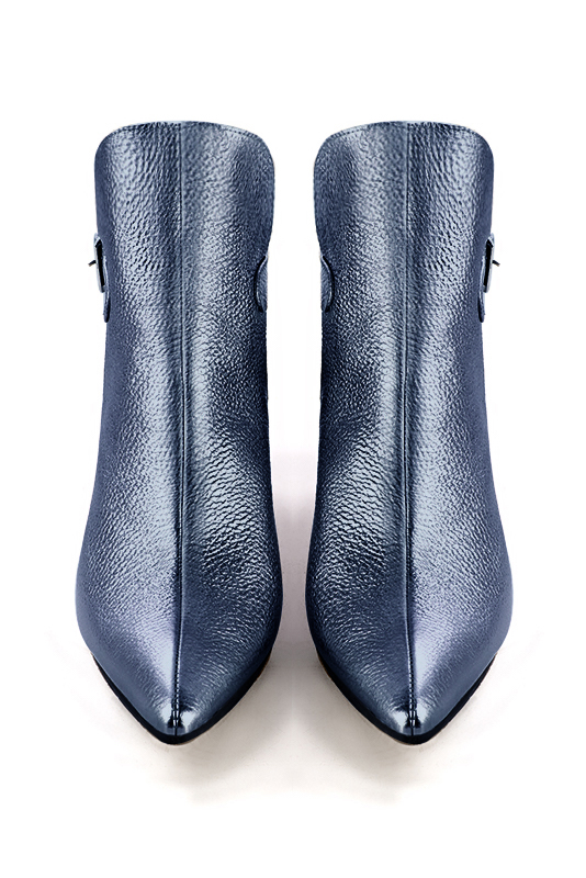 Denim blue women's ankle boots with buckles at the back. Tapered toe. Medium spool heels. Top view - Florence KOOIJMAN